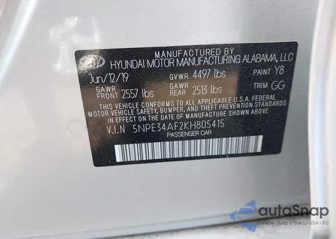 2019 Hyundai Sonata Sel из США, поврежденный, VIN 5NPE34AF2KH805415